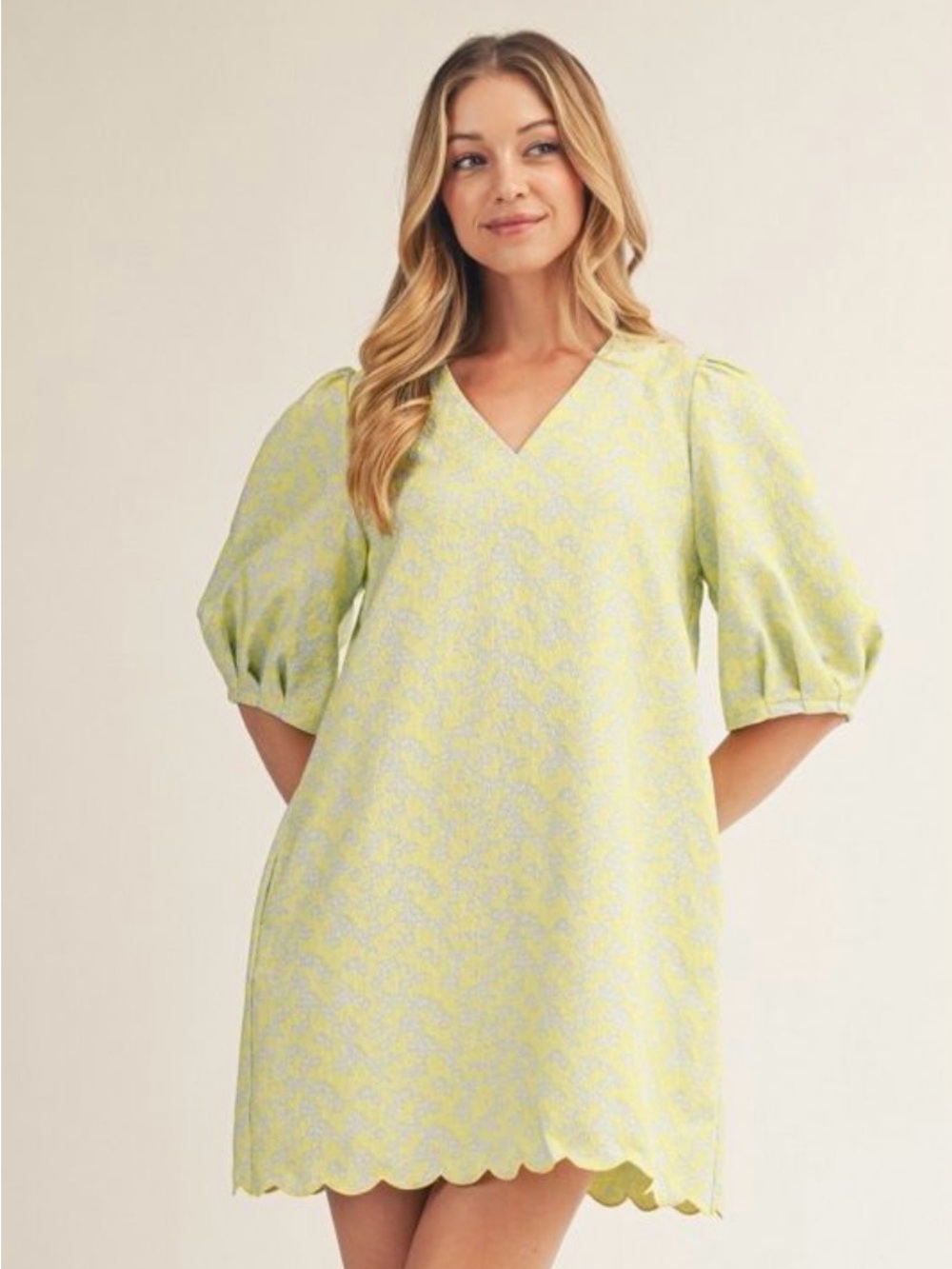 JODIFL Women's Yellow and Blue  V-Neck Puff Sleeve Dress - NWT - Small